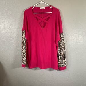 Haptics 1X Pink Cheetah Print Long Sleeve Strappy Shirt Top Waffle Knit V Neck